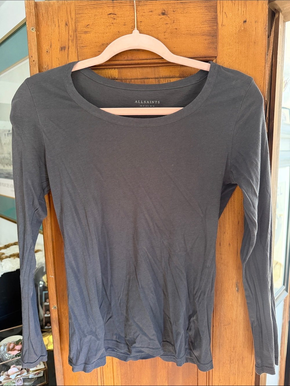 All Saints Long-Sleeve Scoop Neck Tee in Charcoal